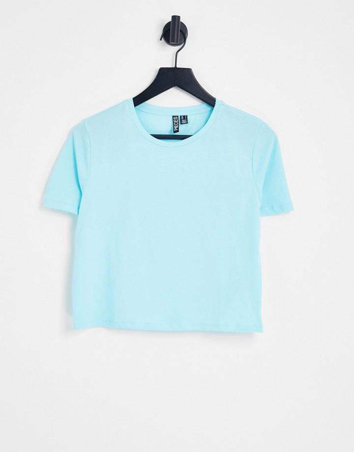 Pieces Cropped T-shirt In Turquoise-blue