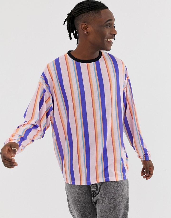 Asos Design Oversized Long Sleeve T-shirt With Rainbow Stripe-pink