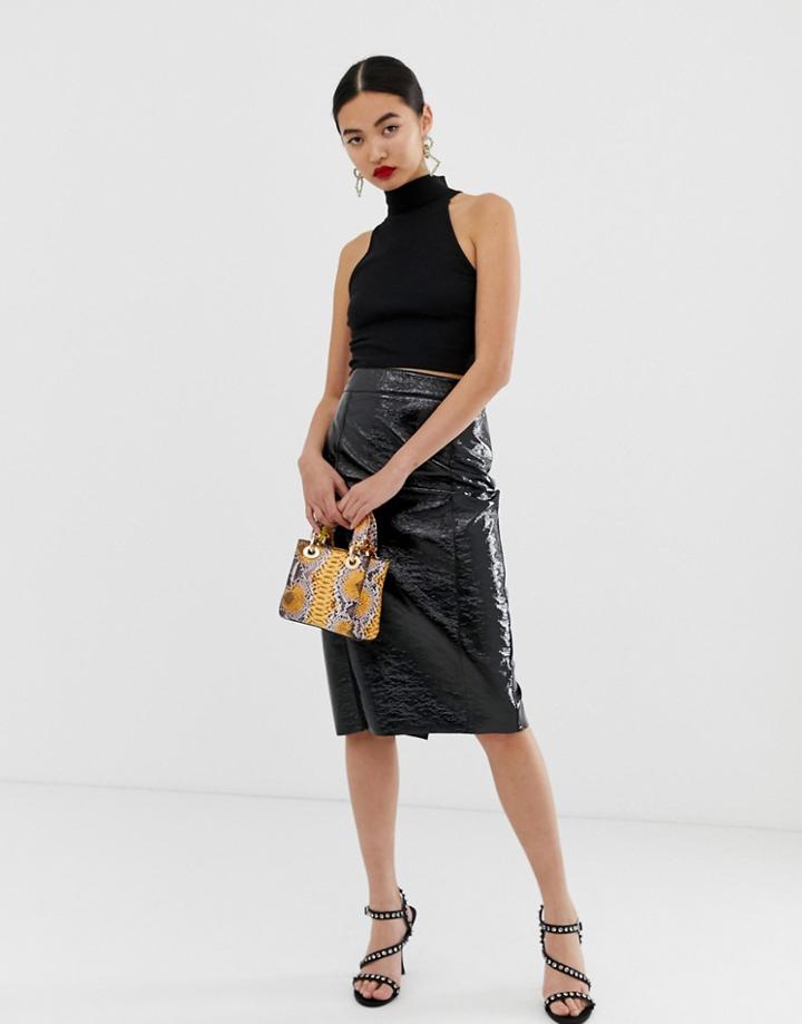 River Island Midi Pencil Skirt In Black Vinyl