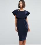 Asos Petite Double Layer Midi Dress With Cut Outs And Angel Sleeve - Navy