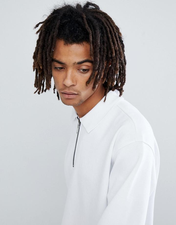Mennace Oversized Polo Shirt In White With Half Zip - White