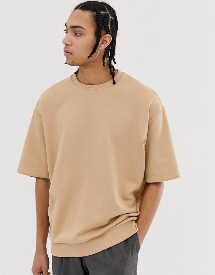 Asos Design Oversized Short Sleeve Sweatshirt In Beige - Beige