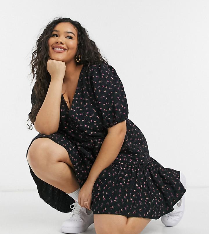 Asos Design Curve Mini Smock Dress With V Neck In Black Floral Print