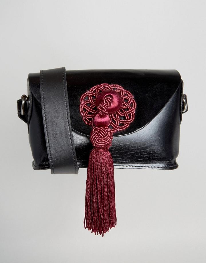 Park Lane Leather Cross Body Bag With Contrast Tassel Detail - Black