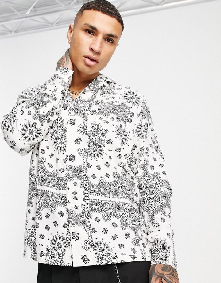 Asos Design Relaxed Revere Shirt In White Paisley Print