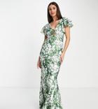 Asos Design Tall Satin Bias Maxi Dress With Ruffle Sleeve And Tie Front Detail In Ditsy Floral Print-multi