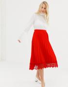 Liquorish Pleated Mid Skirt With Lace Trim - Red