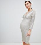 Flounce London Maternity Wrap Front Midi Bodycon Dress In Silver Metallic