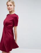 Asos Short Sleeve Satin Tea Dress With Rouleau Buttons - Red