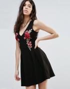 Parisian Floral Embroidered Skater Dress - Black