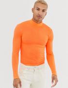 Asos Design Muscle Fit Long Sleeve Roll Neck T-shirt In Neon Orange - Orange
