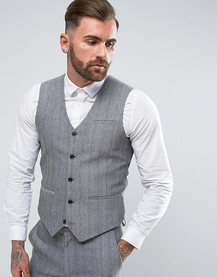 Asos Skinny Vest In Blue Herringbone - Blue