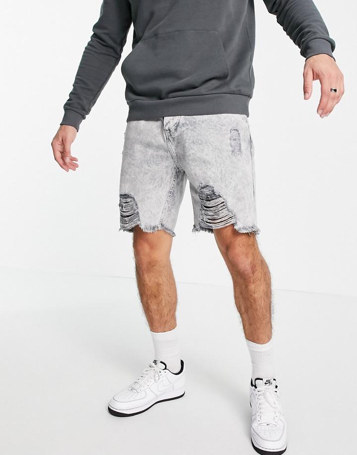 Good For Nothing Denim Shorts In Light Gray Acid Wash With Heavy Distressing-grey