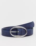 Asos Design Faux Leather Slim Belt In Navy With Silver Oval Buckle