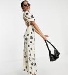 Asos Design Petite Square Neck Midi Dress With Elastic Detail In Cream And Black Floral Print-multi