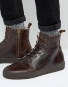 Asos Lace Up Boots In Brown Leather With Faux Shearling Lining - Brown