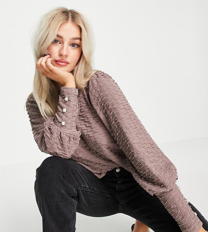 River Island Petite Textured Puff Sleeve Top In Brown
