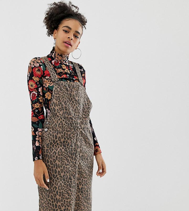 Monki Leopard Print Midi Overall Dress In Brown - Brown
