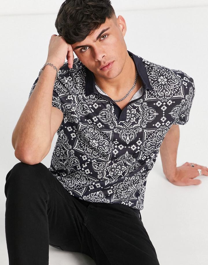 Asos Design Polo T-shirt In All Over Paisley Print In Polyester - Black