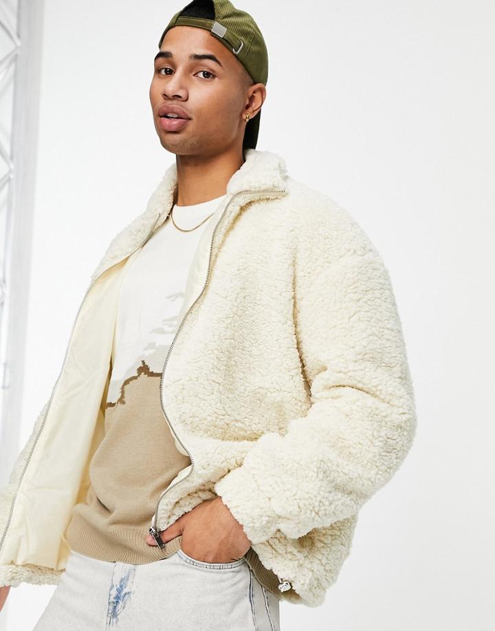 New Look Sherpa Zip Up Jacket In Off White