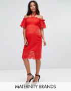 Hope & Ivy Maternity Bardot Lace Dress - Red