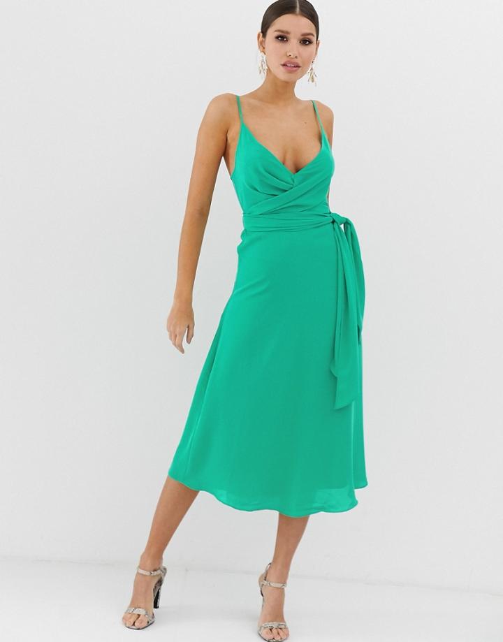 Asos Design Cami Wrap Midi Dress With Tie Waist - Green