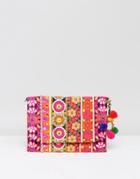Park Lane Embroidered Clutch Bag With Pom Pom Detail And Detachable Strap - Pink