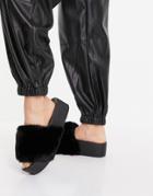 Asos Design Fabric Furry Flatform Sliders In Black