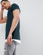 Asos Design Super Longline T-shirt In Twisted Rib In Bottle Green - Green