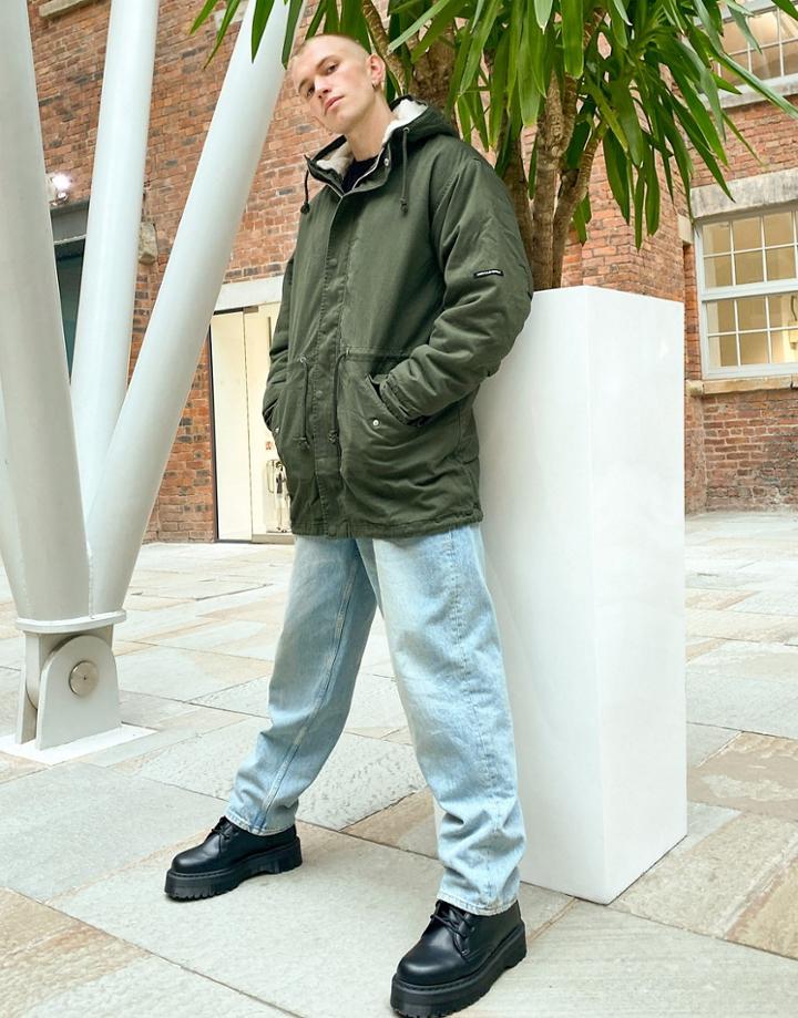 Asos Unrvlld Spply Parka Jacket With Detachable Sherpa Liner In Khaki-green