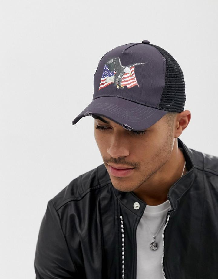 Asos Design Trucker Cap In Black With Eagle & Flag Design - Gray