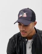 Asos Design Trucker Cap In Black With Eagle & Flag Design - Gray