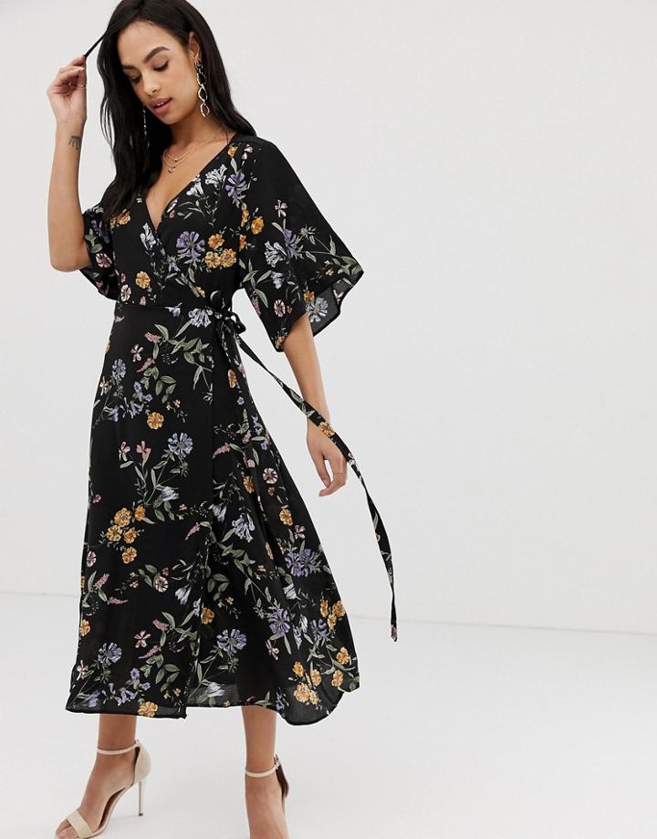Liquorish Floral Midi Dress With Waterfall Sleeves-multi
