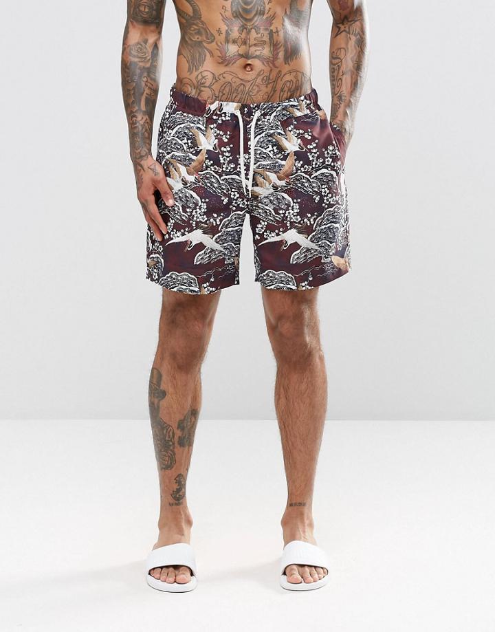 Asos Swim Shorts With Floral Print In Mid Length - Burgundy