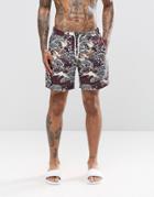 Asos Swim Shorts With Floral Print In Mid Length - Burgundy