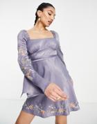 Asos Design Satin Bias Cut Mini Dress With Pop Floral Embroidery-blue