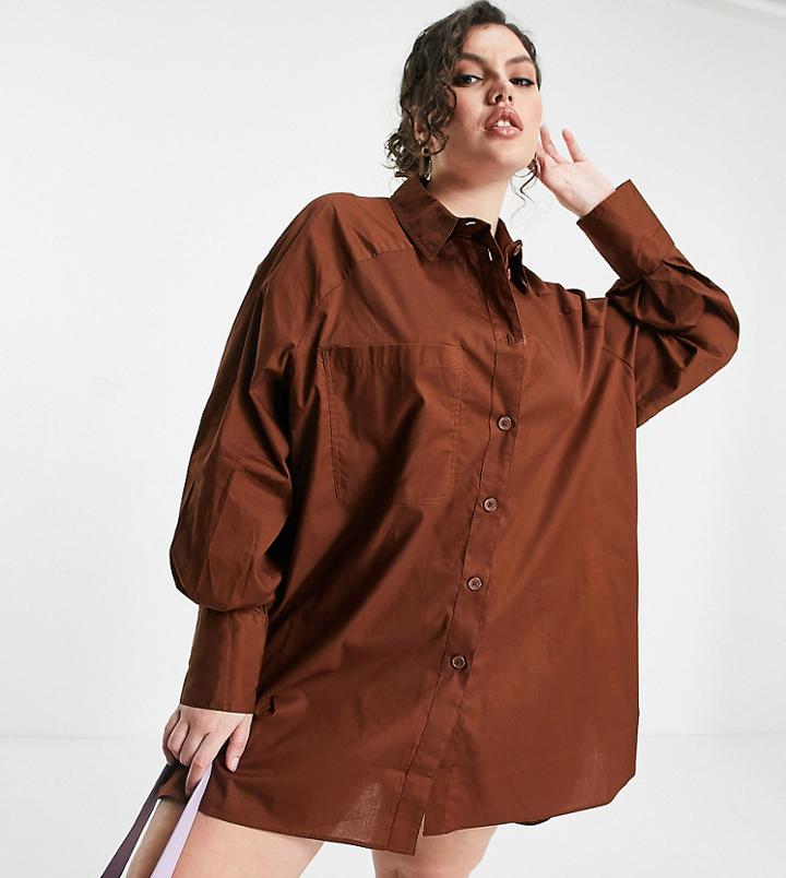 Threadbare Plus Size Oversized Balloon Sleeve Shirt Dress In Chocolate Brown