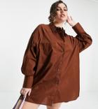 Threadbare Plus Size Oversized Balloon Sleeve Shirt Dress In Chocolate Brown
