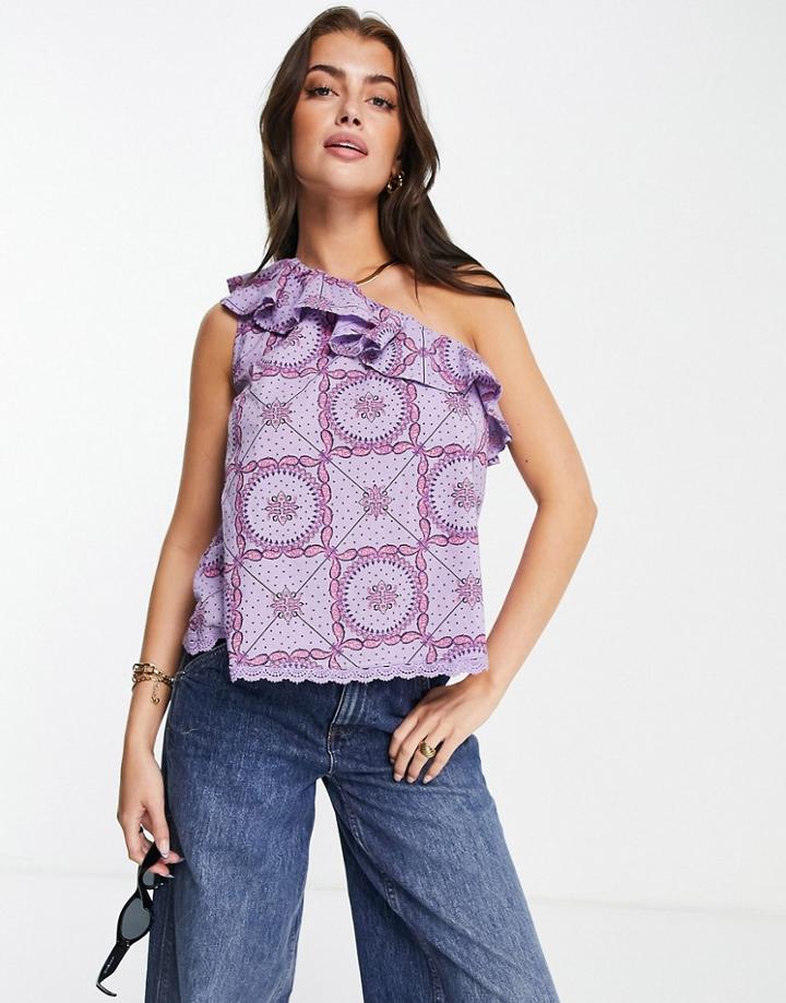 Y.a.s Cotton One Shoulder Top In Purple Tile Print
