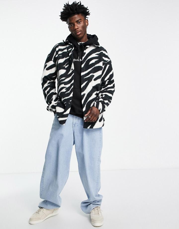 Asos Design 90s Oversized Shirt In Zebra Animal Print Polar Fleece-black