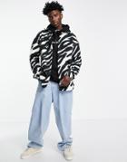 Asos Design 90s Oversized Shirt In Zebra Animal Print Polar Fleece-black