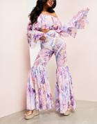 Asos Luxe Ruffle Hem Flared Beach Pants In Postcard Print-multi