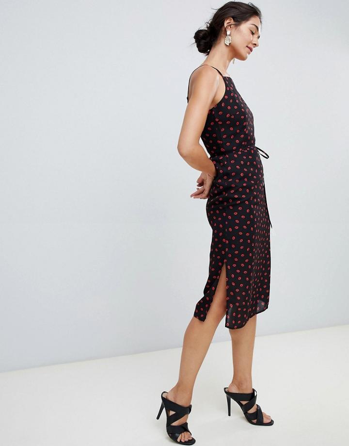 Oasis Midi Dress With Square Neck In Lips Print - Multi