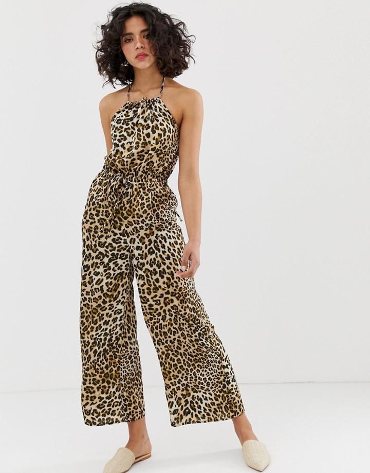 Moon River Leopard Print Jumpsuit - Brown