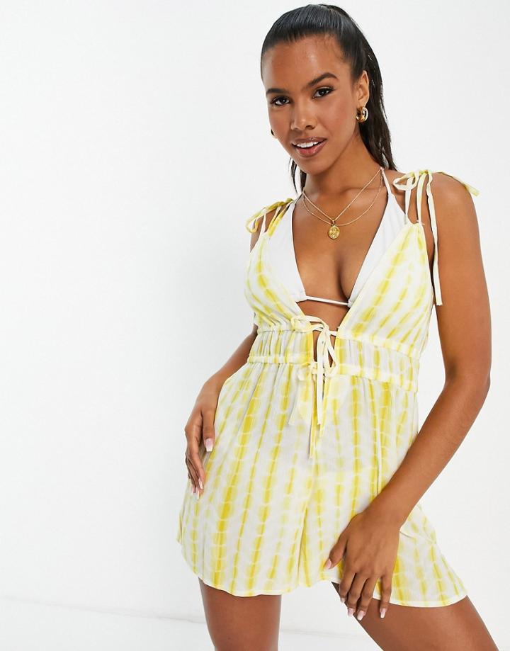 Asos Design Strappy Tie Beach Romper In Yellow Tie Dye-multi