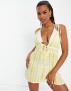 Asos Design Strappy Tie Beach Romper In Yellow Tie Dye-multi