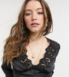 Reclaimed Vintage Inspired Tea Blouse With Long Sleeves In Satin With Lace Detail-black