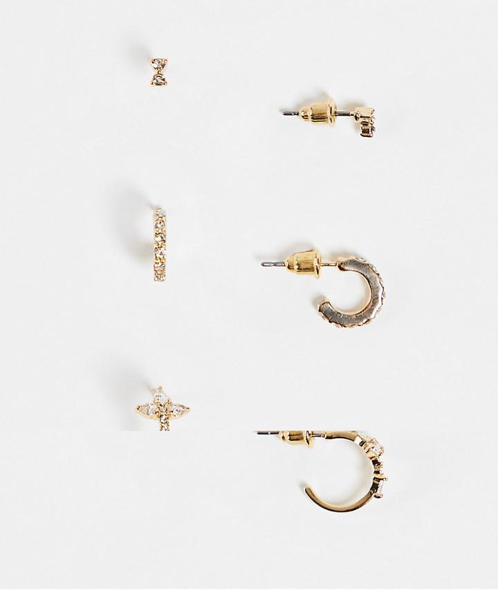 Topshop Crystal Cross 3 X Hoop And Stud Multipack Earrings In Gold