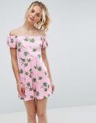 Asos Mini Skater Dress With Off Shoulder Puff Sleeve In Palm Print - Multi