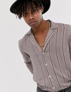Asos Design Regular Fit Stripe Shirt With Deep Revere Collar - Brown